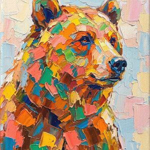 Colorful abstract bear head impasto oil painting with heavy texture palette knife strokes, vibrant orange and blue on soft pastel background, unframed rolled canvas wall art.