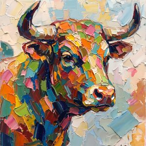 Dynamic colorful bull impasto oil painting with heavy texture palette knife strokes, vibrant abstract bovine wall art for home office, unframed rolled canvas.