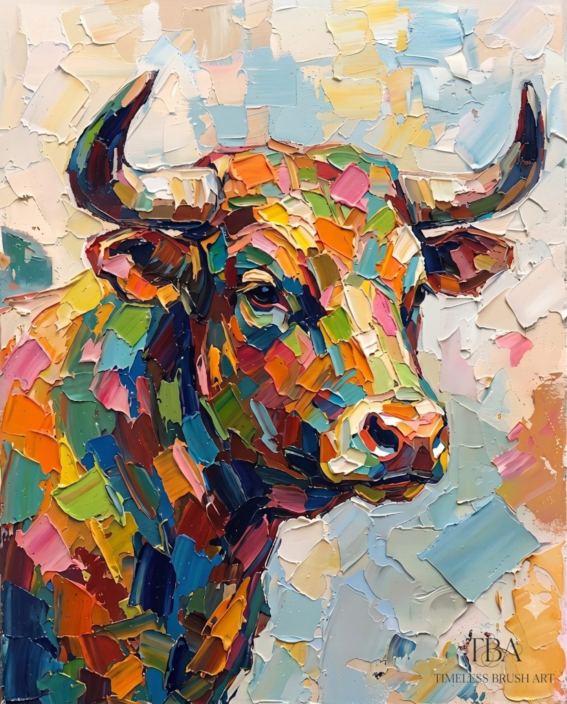 Dynamic colorful bull impasto oil painting with heavy texture palette knife strokes, vibrant abstract bovine wall art for home office, unframed rolled canvas.