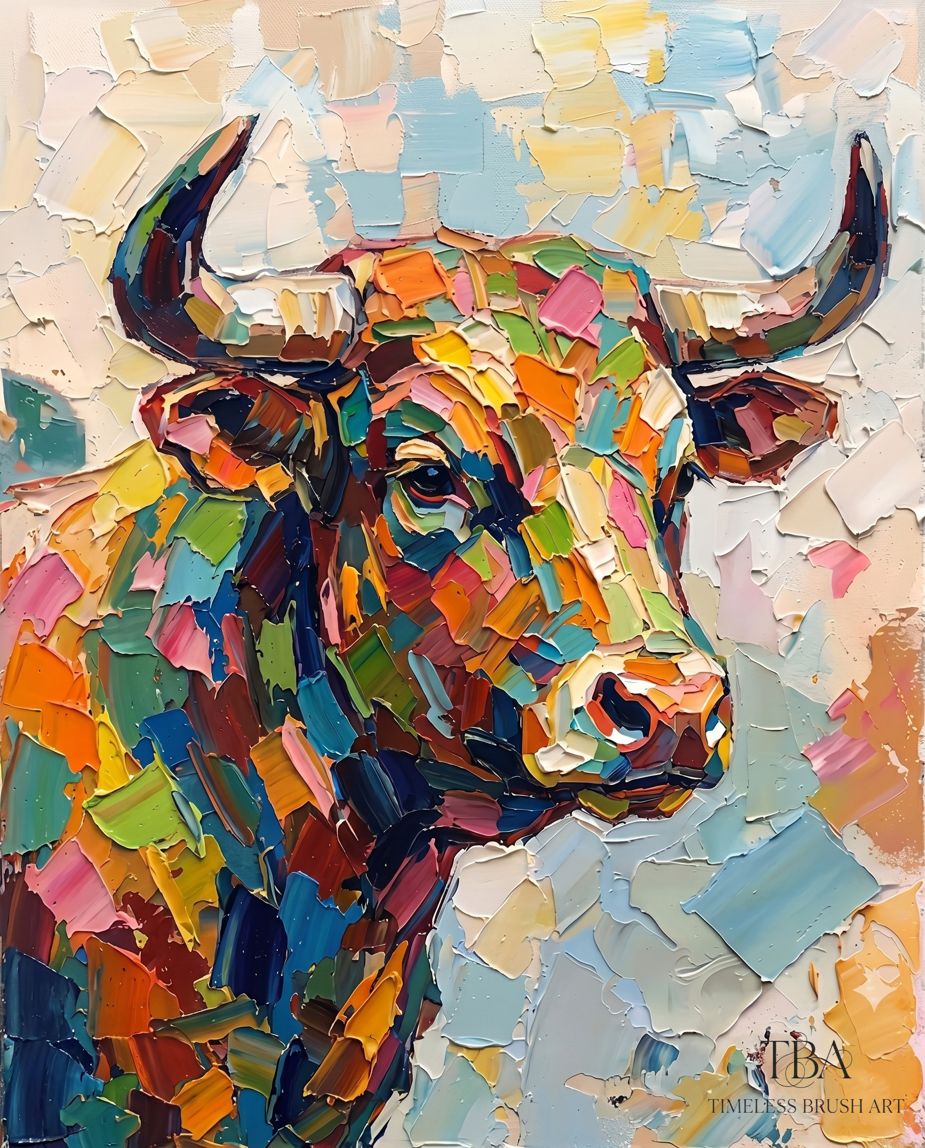 Dynamic colorful bull impasto oil painting with heavy texture palette knife strokes, vibrant abstract bovine wall art for home office, unframed rolled canvas.