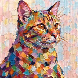 Elegant colorful cat impasto oil painting with heavy texture palette knife strokes, vibrant abstract feline wall art for modern French home decor, unframed rolled canvas.