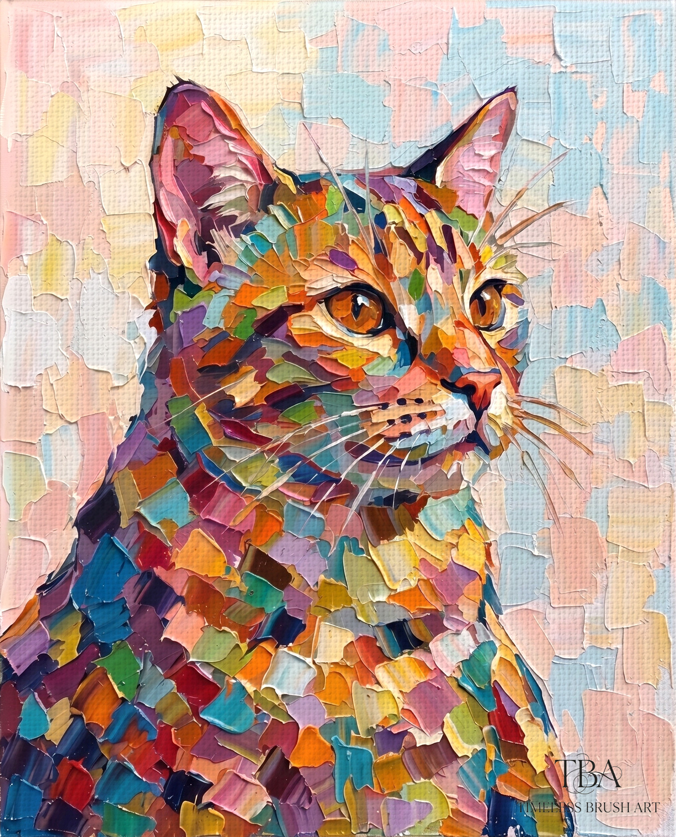 Elegant colorful cat impasto oil painting with heavy texture palette knife strokes, vibrant abstract feline wall art for modern French home decor, unframed rolled canvas.