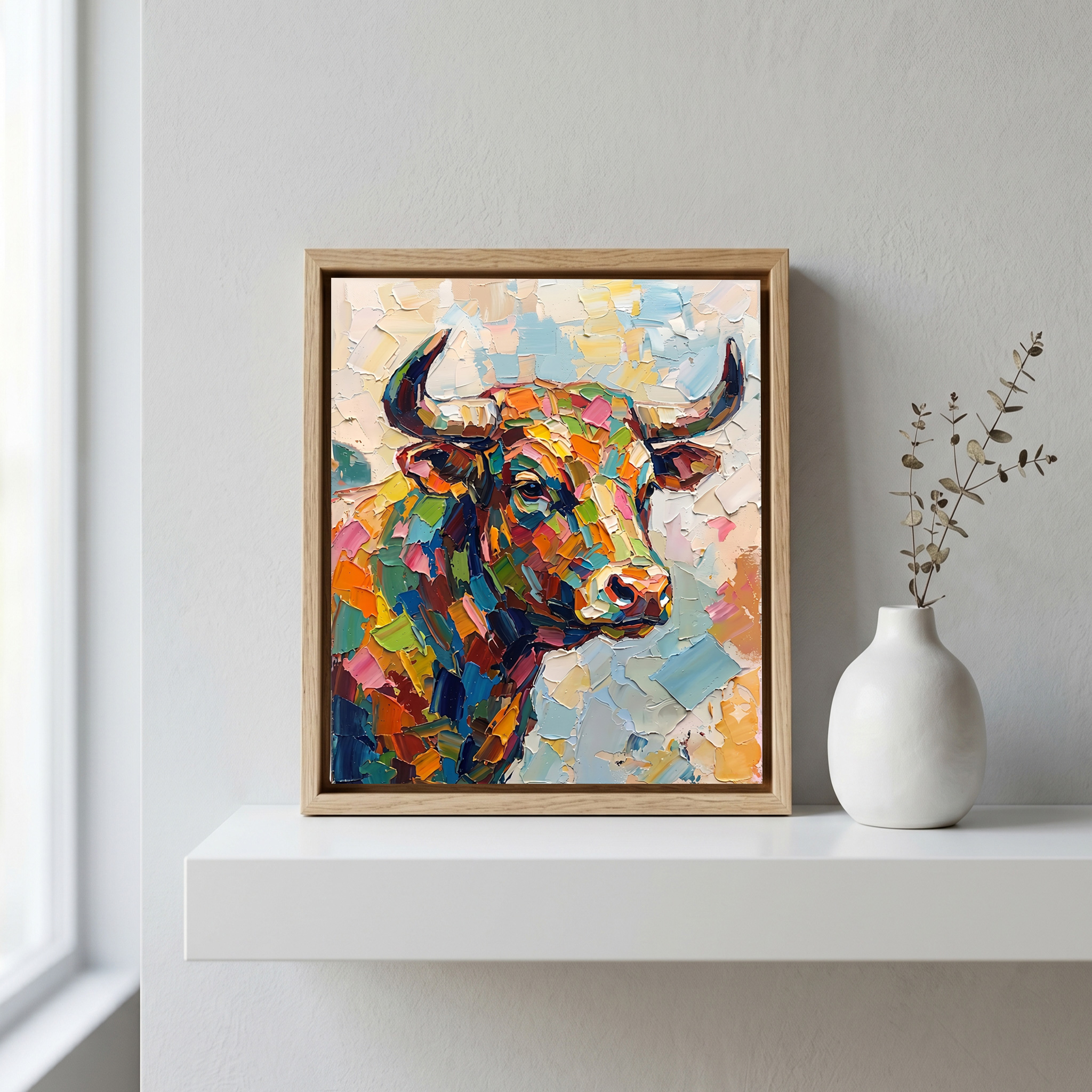 A vibrant textured bull portrait painting in a natural oak frame resting on a white floating wall shelf next to a minimalist white ceramic vase, illuminated by soft natural light.