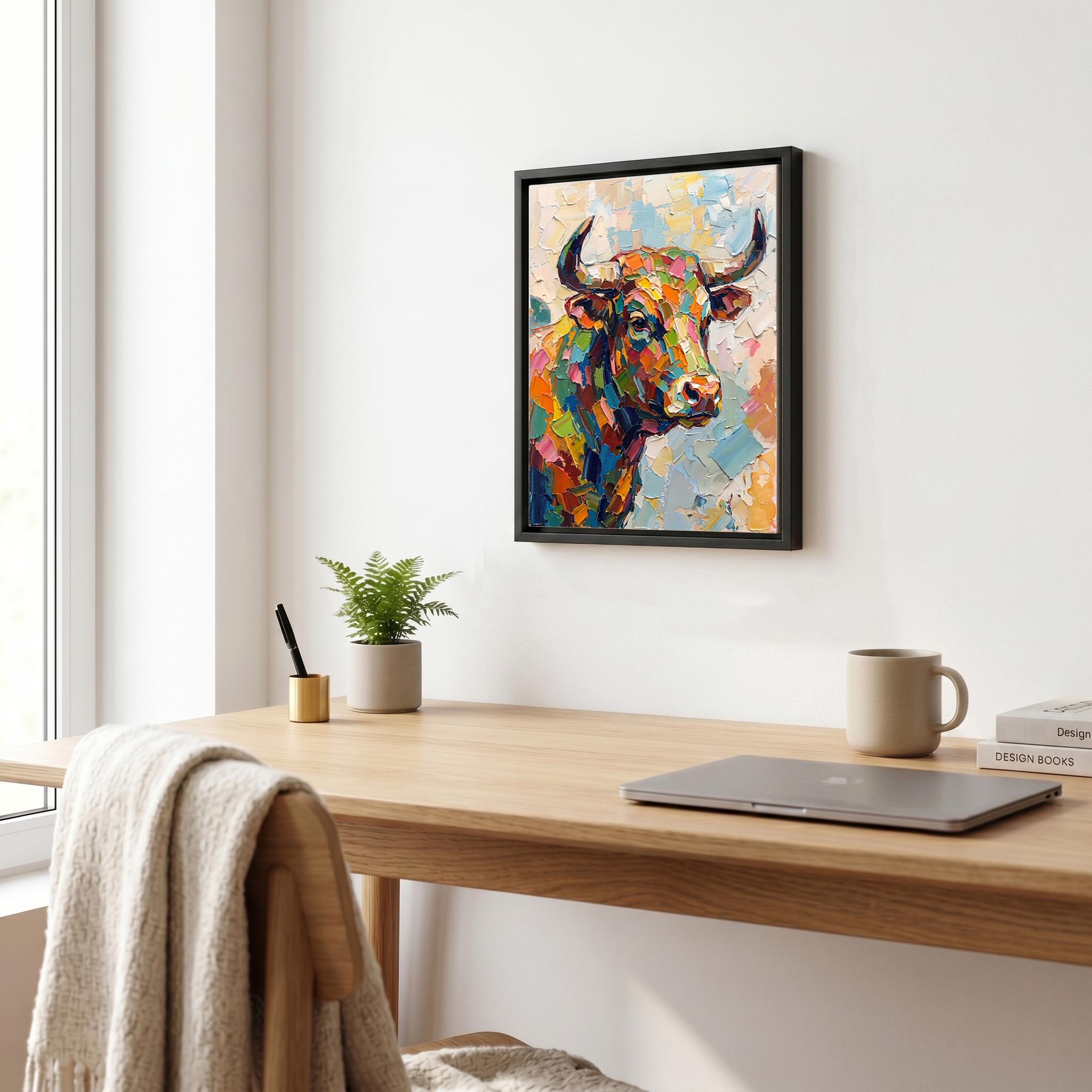 A modern minimalist home office interior featuring a clean wooden desk, an ergonomic chair, and the colorful impasto bull portrait painting in a black frame hanging on the white wall.