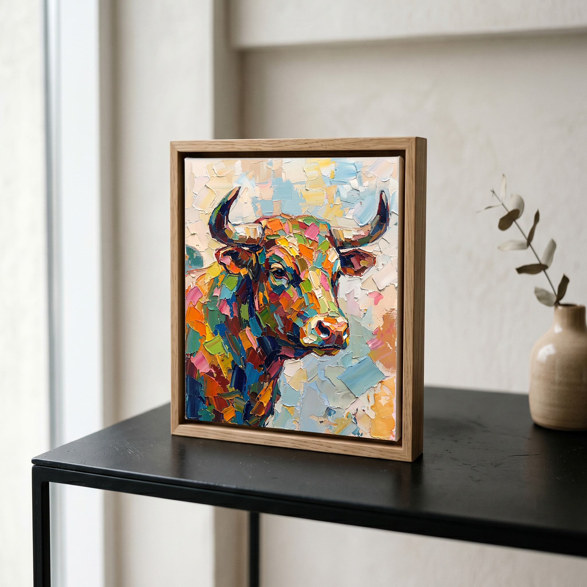 The colorful textured bull canvas wall art in an oak frame leaning casually on a minimalist black accent table, bathed in aesthetic natural sunlight near a bright window.
