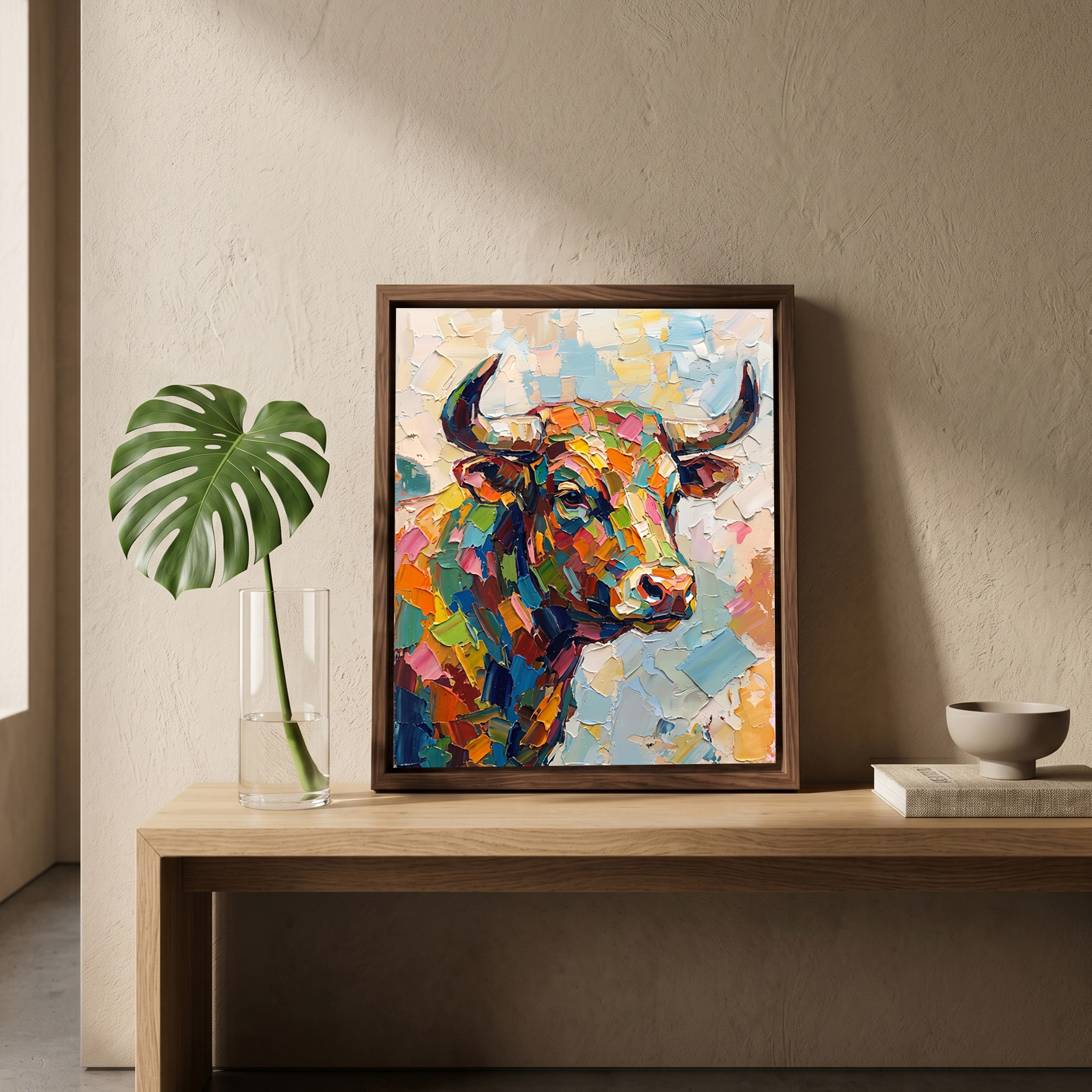 The vibrant "Prismatic Taurus" bull painting in a walnut frame resting on a modern entryway wooden console table, paired with a green Monstera leaf in a clear glass vase against a warm beige wall.
