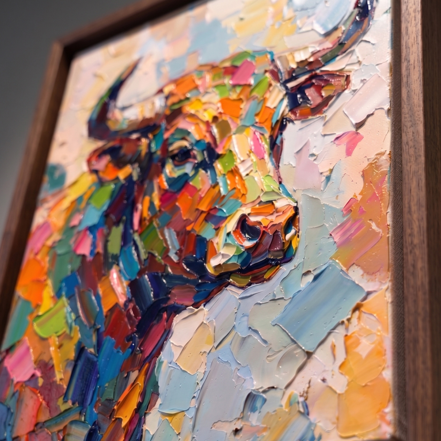 Extreme close-up side angle of the "Prismatic Taurus" colorful bull painting, highlighting the thick 3D hand-embellished impasto palette knife strokes and the sophisticated gap of the deep walnut floating frame.