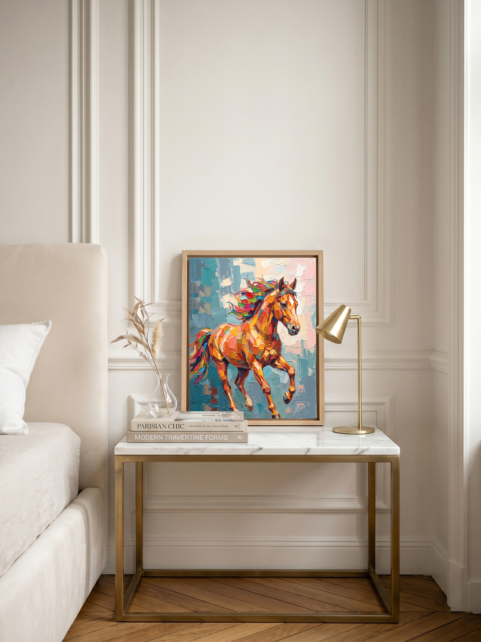 Front view of the "Equine Rhapsody" vibrant abstract horse portrait canvas painting, featuring a dynamic flowing mane and heavy hand-embellished 3D impasto texture, mounted in a natural oak wood floating frame.