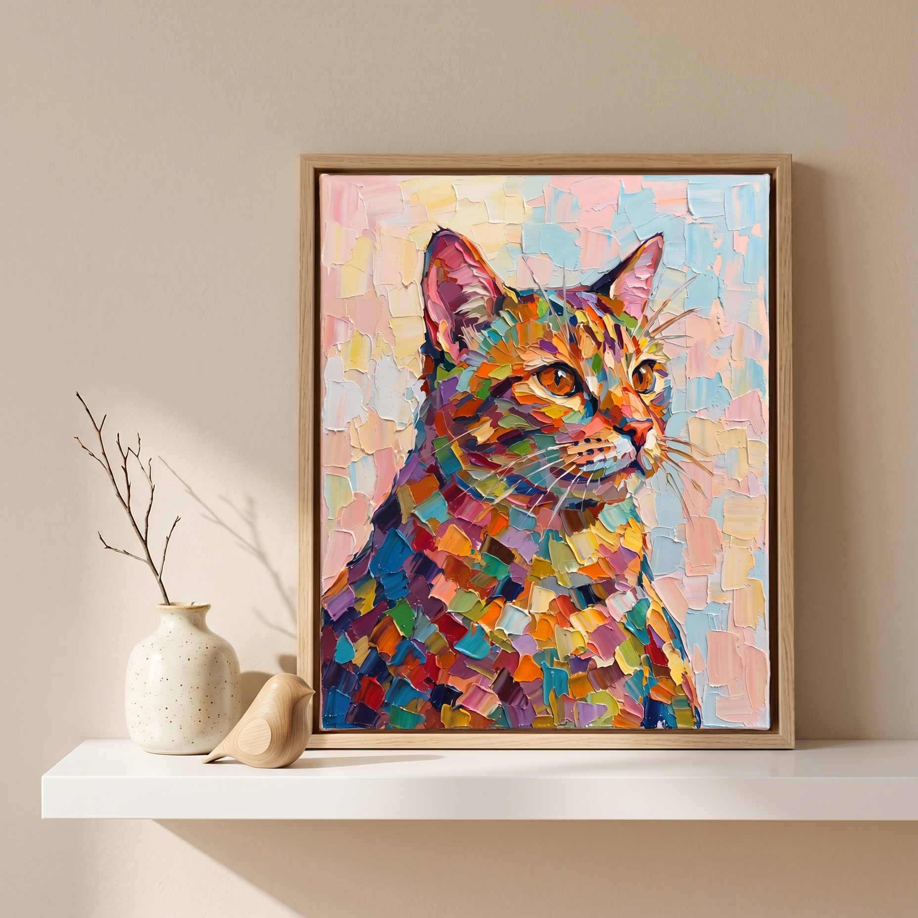 A vibrant textured cat portrait painting in an oak frame resting on a white floating wall shelf next to a minimalist ceramic vase and a wooden bird decor, illuminated by warm natural sunlight.