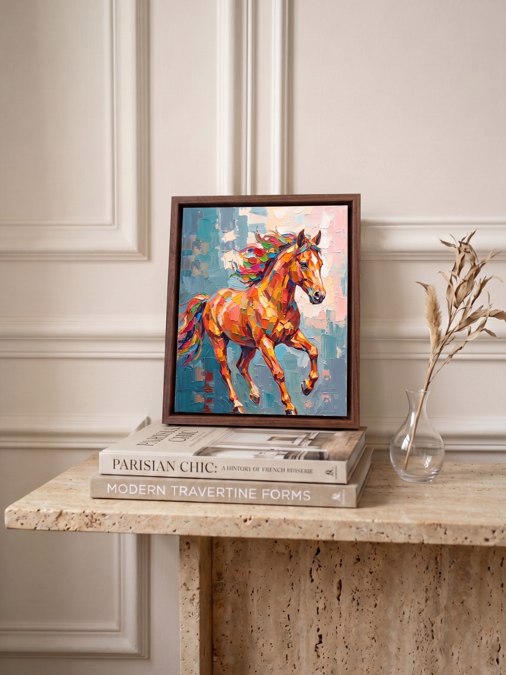 A small vibrant textured horse canvas wall art in a walnut frame resting casually on a stack of Parisian design books on a modern travertine console table. Classic French paneled wall in the background.