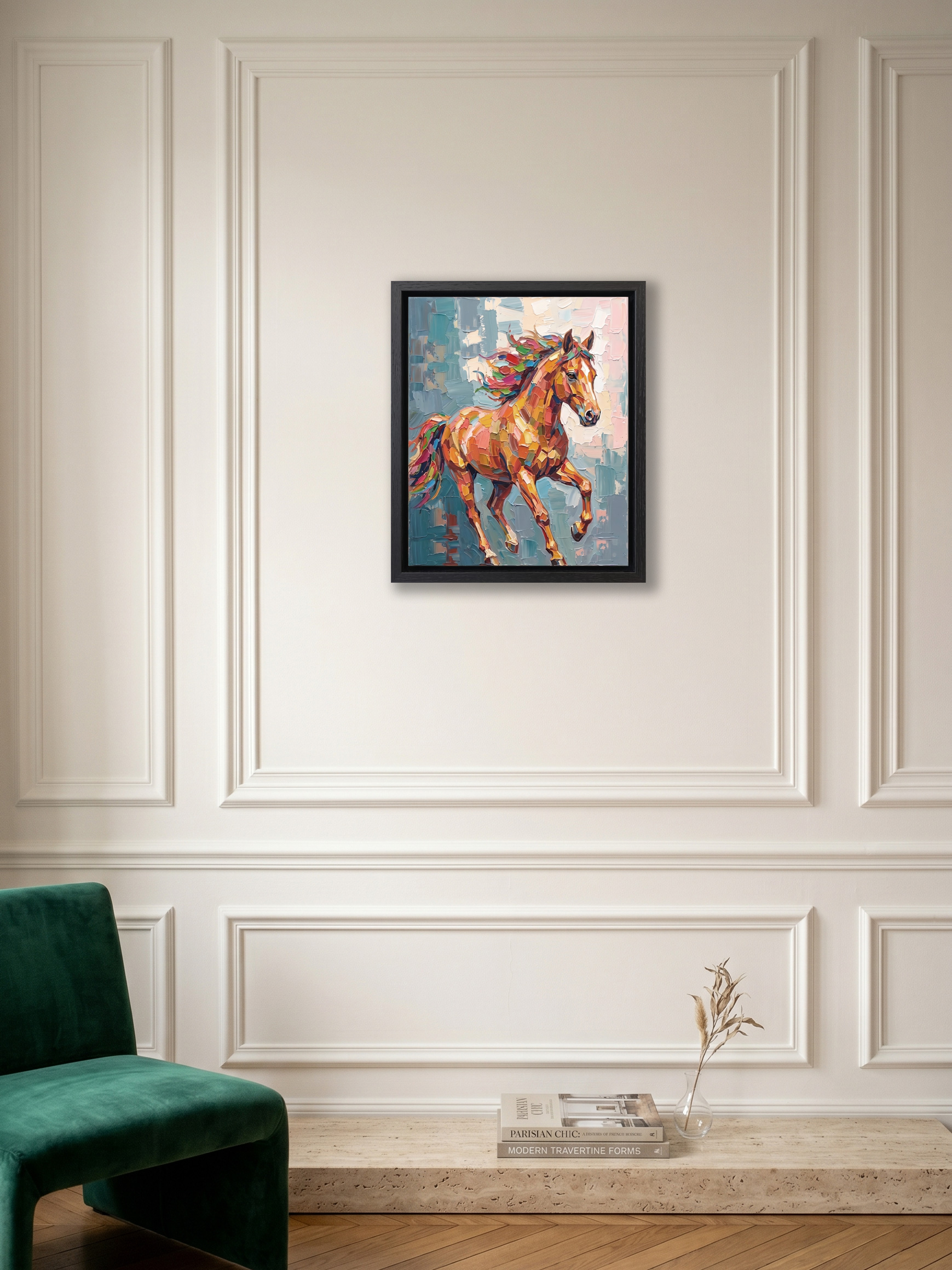 A small colorful impasto horse painting in a matte black frame hanging precisely in the center of an elegant white French wall molding panel. A green velvet chair and travertine step are visible in the foreground.