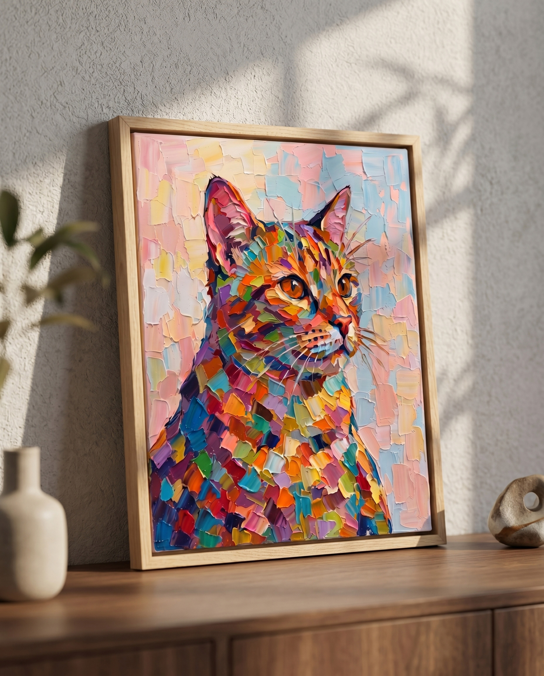 The colorful textured cat canvas wall art in an oak frame leaning casually on a modern walnut entryway sideboard, bathed in aesthetic natural sunlight and subtle leaf shadows.