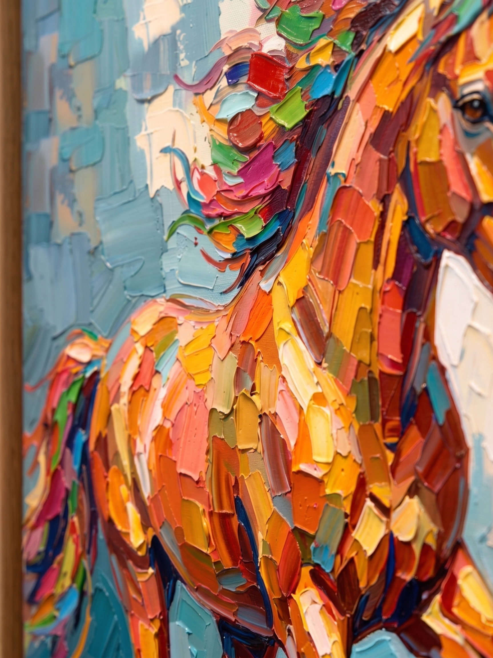 Extreme close-up side angle of the "Equine Rhapsody" colorful horse painting, highlighting the thick 3D hand-embellished impasto palette knife strokes on the mane and the sophisticated gap of the natural oak floating frame.