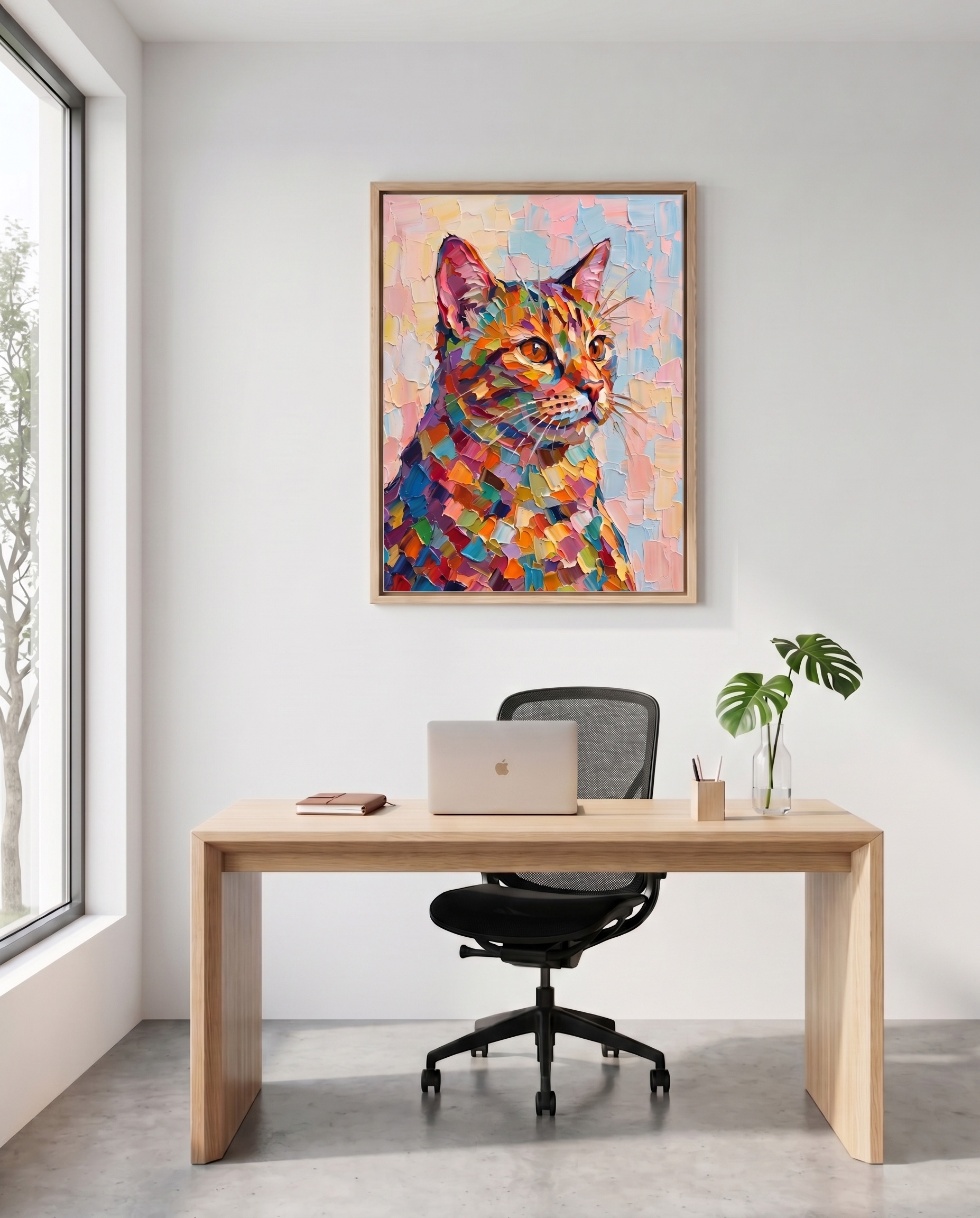 A bright modern minimalist home office interior featuring a clean wooden desk, an ergonomic chair, and the colorful impasto cat portrait painting hanging on the white wall above the workspace.
