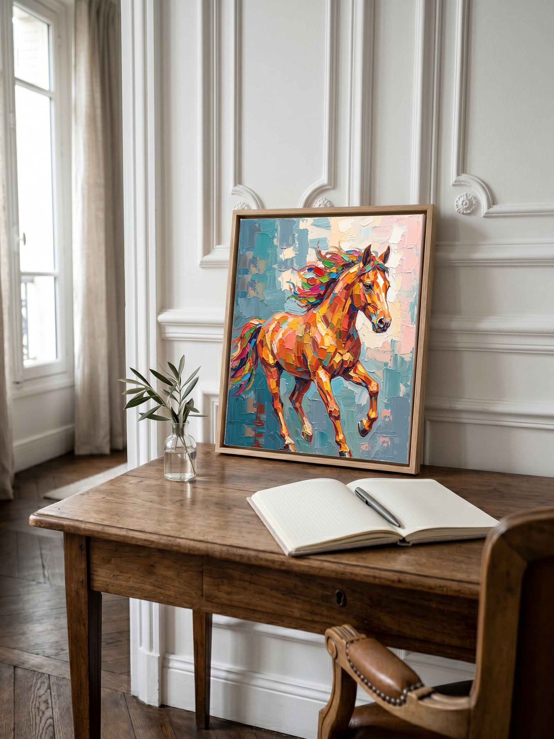 The vibrant abstract galloping horse painting in an oak frame leaning casually on a vintage wooden writing desk next to an open notebook and a small vase of olive branches. Classic Parisian apartment setting with herringbone hardwood floor.