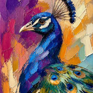 Close-up of a highly textured impasto oil painting of a majestic peacock in royal blue and emerald green, set against a vibrant abstract background of purple, magenta, and gold palette knife strokes.