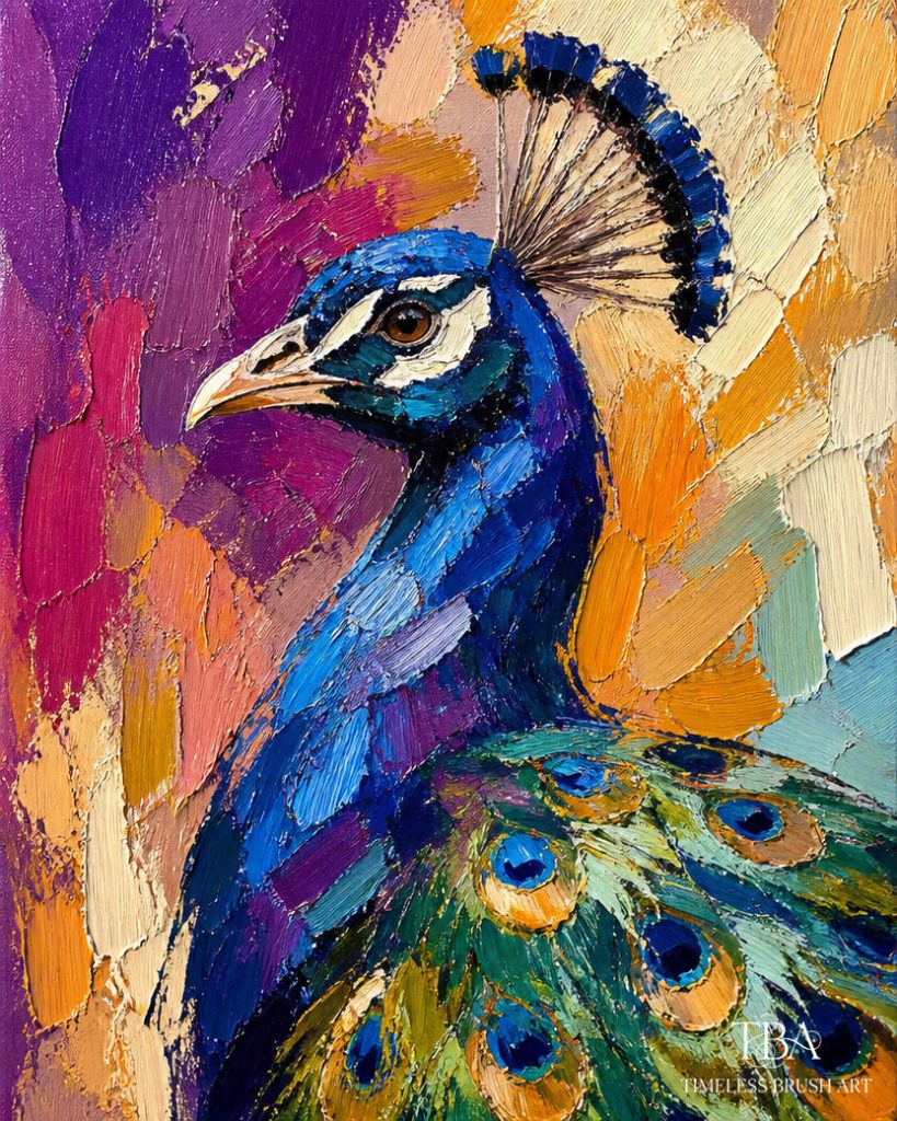 Close-up of a highly textured impasto oil painting of a majestic peacock in royal blue and emerald green, set against a vibrant abstract background of purple, magenta, and gold palette knife strokes.
