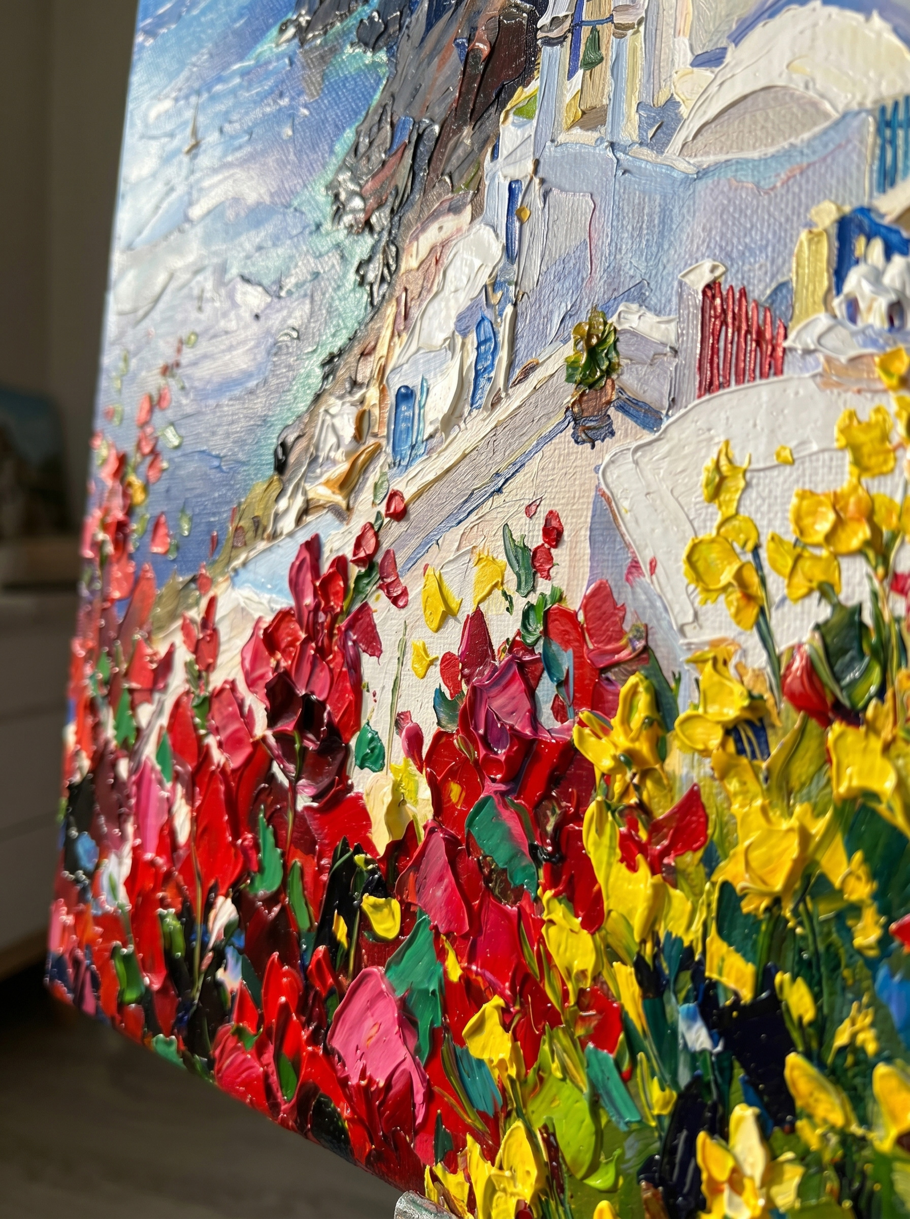 "Aegean Rhapsody" | Hand-Embellished Santorini Impasto Canvas | Mediterranean Coastal Wall Art - Image 8