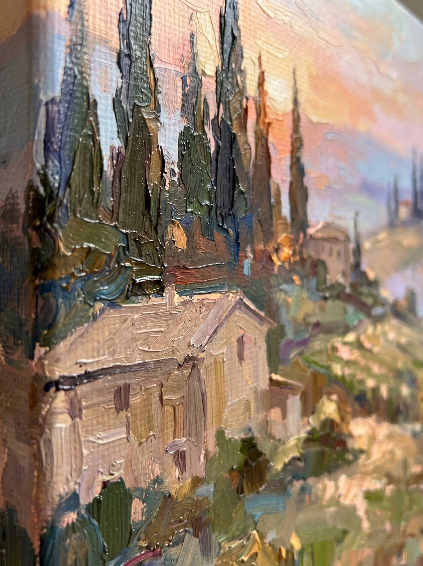 An extreme macro close-up of the "Tuscan Twilight" canvas edge. Showcasing the premium hand-embellished mixed media craftsmanship, with thick 3D palette knife impasto textures bringing the cypress trees and rustic farmhouse to life.