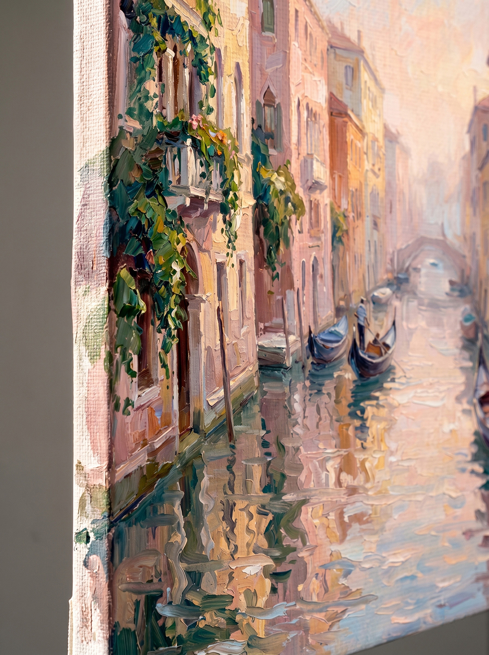 An extreme macro close-up of the "Venetian Dawn Reverie" canvas edge. Highlighting the premium hand-embellished mixed media craftsmanship, showcasing the thick 3D palette knife impasto textures on the historic Venetian architecture and water reflections.
