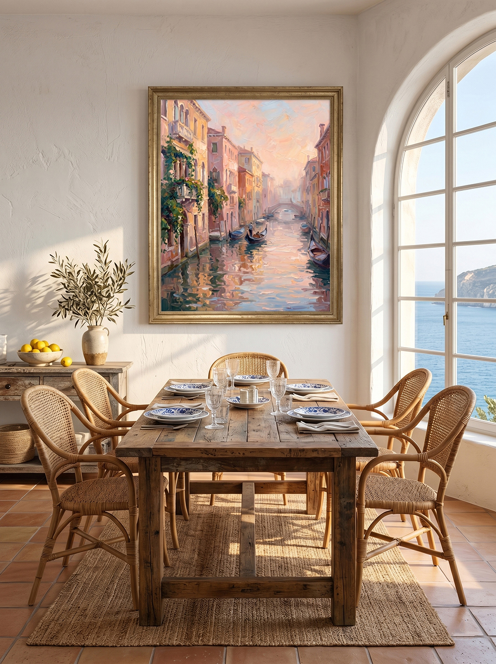 The "Venetian Dawn Reverie" painting featured in a bright, sunlit dining room with arched windows. Positioned above a rustic wooden table with rattan dining chairs, enhancing the relaxed yet elegant European atmosphere.