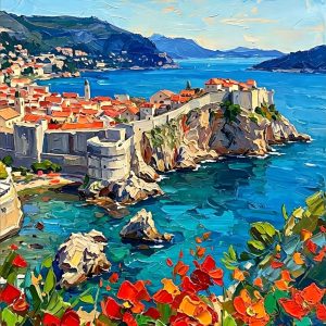 Unframed display of the "Adriatic Bloom" hand-embellished impasto wall art. A vibrant Mediterranean coastal city featuring terracotta roofs, ancient stone walls, and a turquoise sea, with thick 3D palette knife textures on bright red flowers in the foreground. Shipped securely rolled in a tube without a frame.
