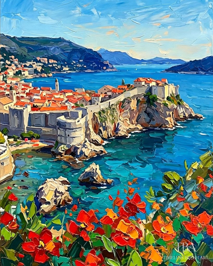 Unframed display of the "Adriatic Bloom" hand-embellished impasto wall art. A vibrant Mediterranean coastal city featuring terracotta roofs, ancient stone walls, and a turquoise sea, with thick 3D palette knife textures on bright red flowers in the foreground. Shipped securely rolled in a tube without a frame.