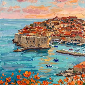 Unframed display of the "Adriatic Sunset Serenade" hand-embellished impasto wall art. A beautiful Mediterranean coastal city at sunset featuring terracotta roofs, a pastel pink sky, calm turquoise waters, and thick 3D palette knife textures on bright orange flowers in the foreground. Shipped securely rolled in a tube without a frame.