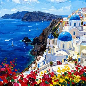 Unframed display of the "Aegean Rhapsody" hand-embellished impasto wall art. A vibrant Santorini coastal landscape featuring iconic blue domes, whitewashed buildings, the deep blue Aegean sea, and thick 3D palette knife textures on bright red and yellow flowers. Shipped securely rolled in a tube without a frame.