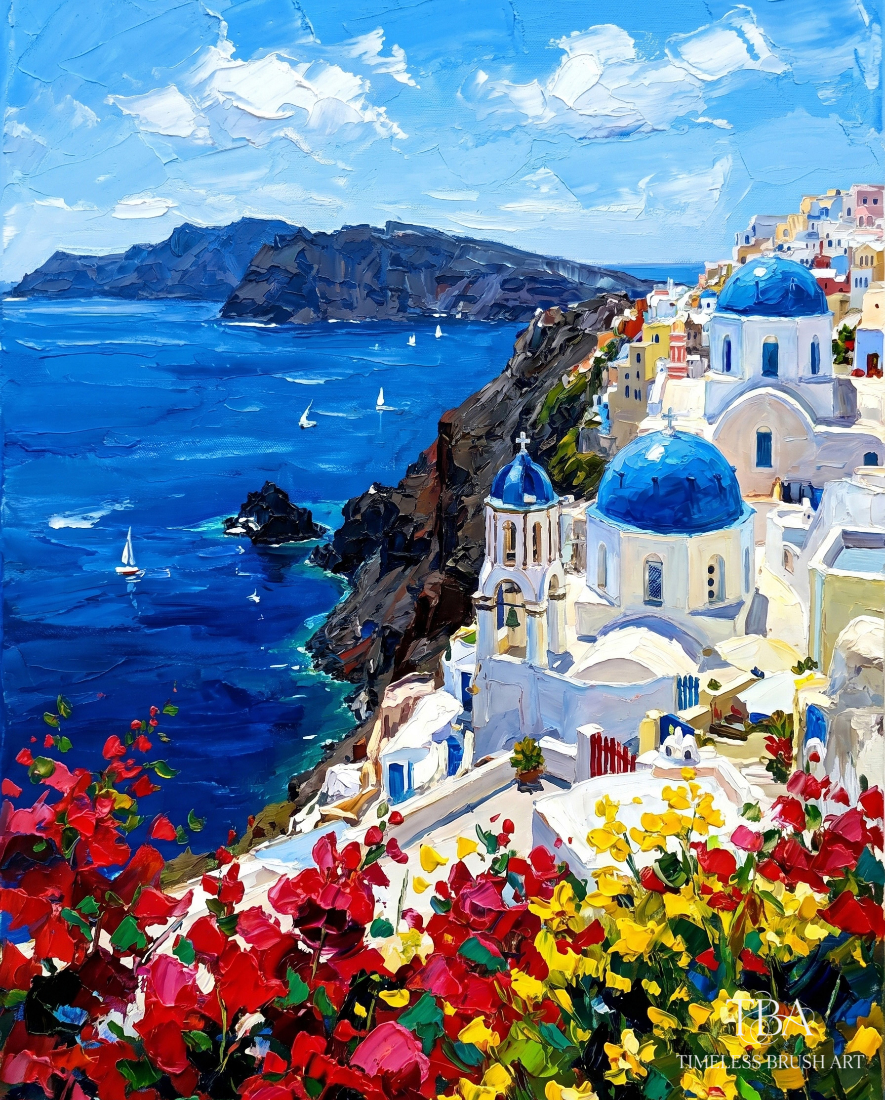 Unframed display of the "Aegean Rhapsody" hand-embellished impasto wall art. A vibrant Santorini coastal landscape featuring iconic blue domes, whitewashed buildings, the deep blue Aegean sea, and thick 3D palette knife textures on bright red and yellow flowers. Shipped securely rolled in a tube without a frame.
