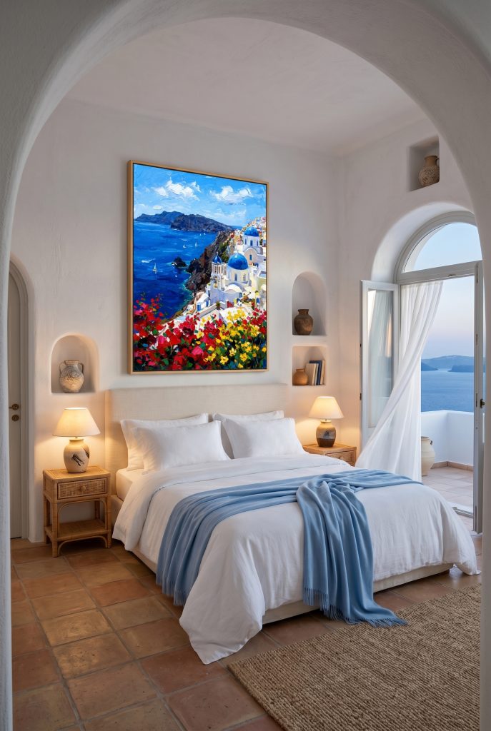 Bright Aegean sea coastal canvas art displayed above a cozy bed in a Mediterranean bedroom featuring rustic floor tiles and archways.