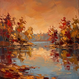 Unframed display of the "Amber Reflections" hand-embellished impasto wall art. A serene autumn lake landscape at sunset featuring warm amber skies, deep red and gold fall foliage, beautiful water reflections, and thick 3D palette knife textures. Shipped securely rolled in a tube without a frame.