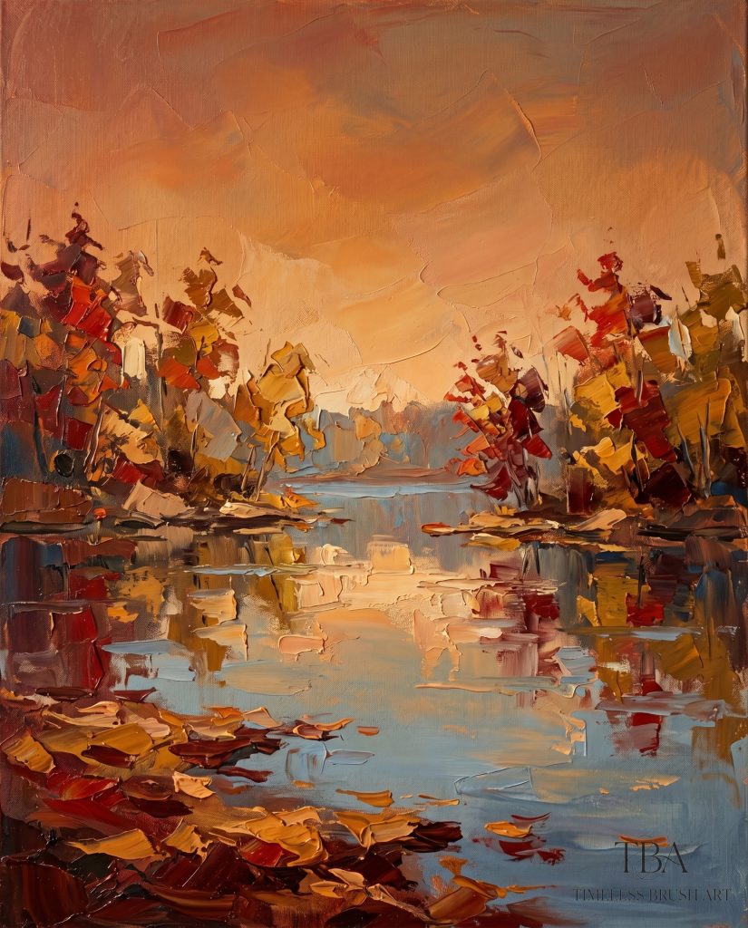 Unframed display of the "Amber Reflections" hand-embellished impasto wall art. A serene autumn lake landscape at sunset featuring warm amber skies, deep red and gold fall foliage, beautiful water reflections, and thick 3D palette knife textures. Shipped securely rolled in a tube without a frame.