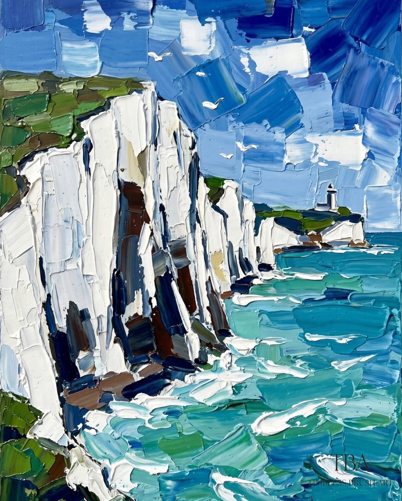 Unframed display of the "Azure Cliffside Beacon" hand-embellished impasto wall art. A majestic coastal landscape featuring dramatic white chalk cliffs, a distant lighthouse, crashing turquoise ocean waves, and dynamic clouds, all created with thick 3D palette knife textures. Shipped securely rolled in a tube without a frame.