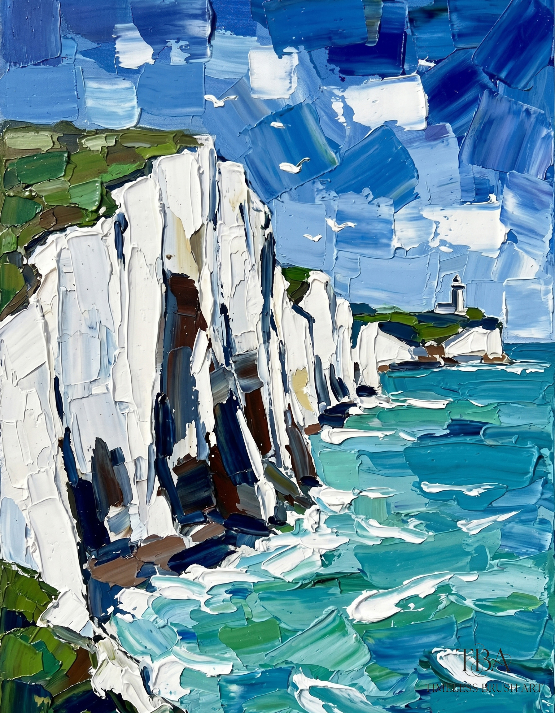 Unframed display of the "Azure Cliffside Beacon" hand-embellished impasto wall art. A majestic coastal landscape featuring dramatic white chalk cliffs, a distant lighthouse, crashing turquoise ocean waves, and dynamic clouds, all created with thick 3D palette knife textures. Shipped securely rolled in a tube without a frame.