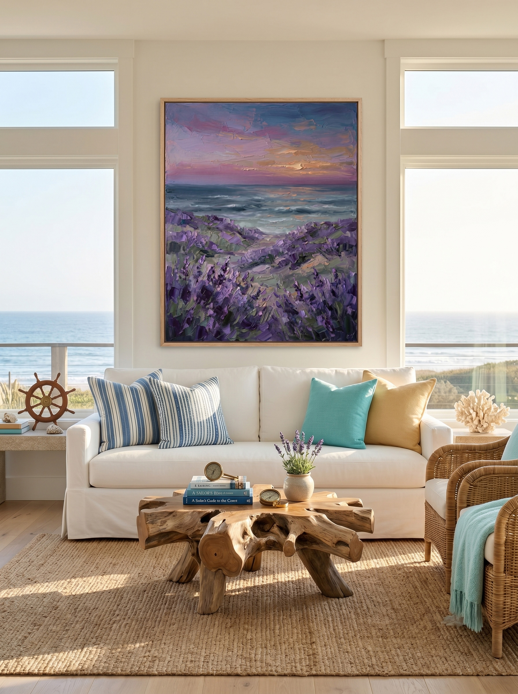 The "Twilight Lavender Shores" hand-embellished painting styled in a bright coastal living room. Hung above a white sofa with a unique driftwood coffee table, enhancing the breezy beach house aesthetic.