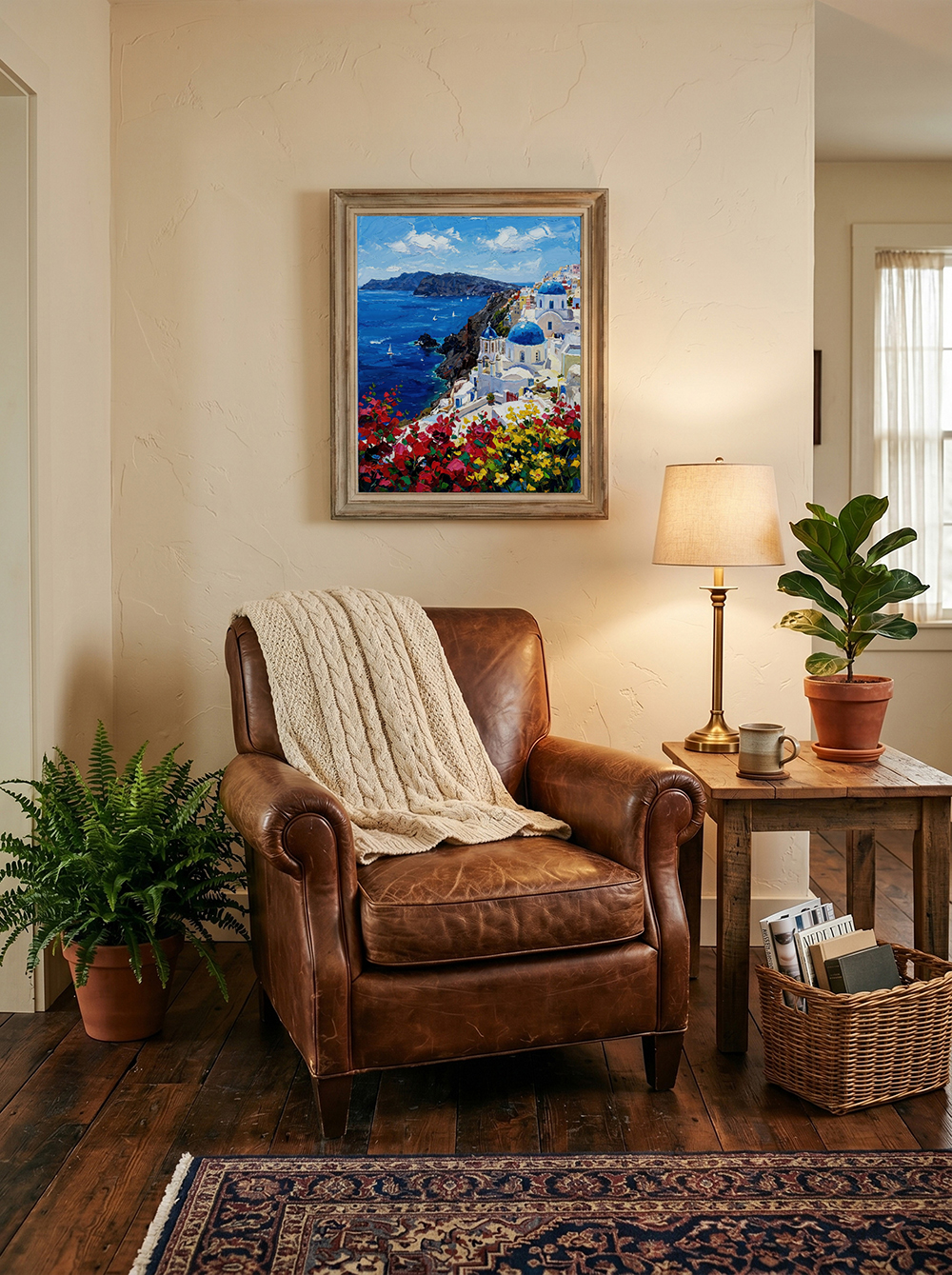 The "Aegean Rhapsody" coastal painting styled in a lush, sun-drenched sunroom. Surrounded by green indoor plants and relaxing lounge chairs, emphasizing a laid-back, luxurious Mediterranean lifestyle.
