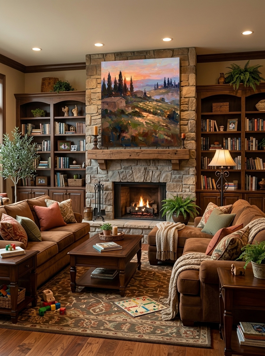 A large "Tuscan Twilight" landscape painting creating a dramatic focal point in a classic cozy living room. Positioned above a stone fireplace surrounded by rich dark wood bookshelves and warm brown sofas.