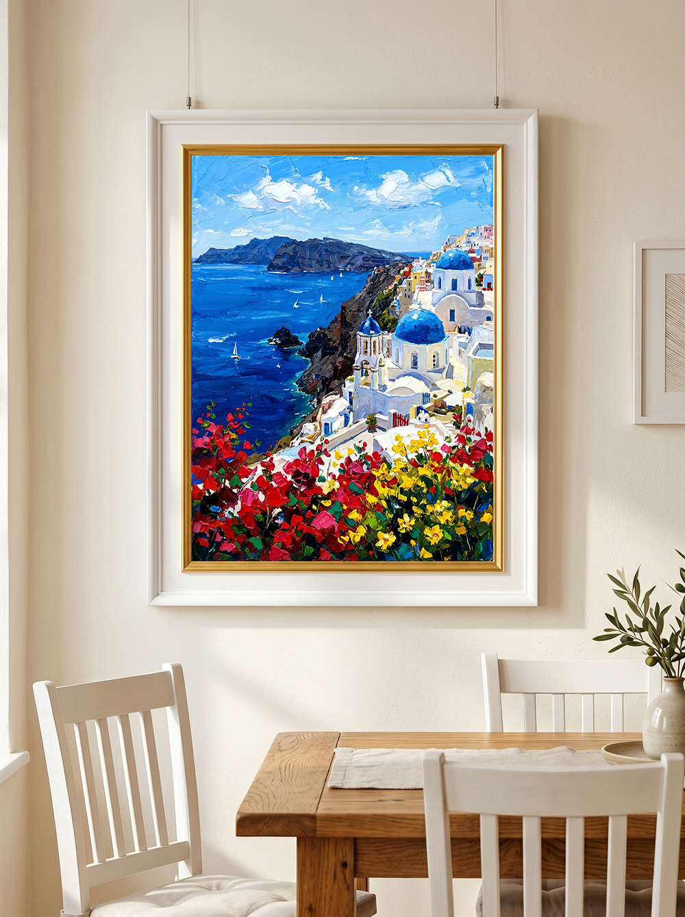 The vibrant "Aegean Rhapsody" painting displayed in a sunny Mediterranean-style dining room. Positioned above a light wood table with woven rattan chairs, bringing a cheerful summer vacation vibe to the space.