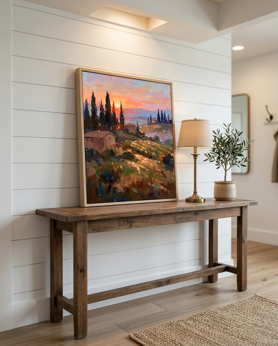 The "Tuscan Twilight" painting beautifully styled in a Mediterranean-inspired living room. Hung above a classic stone fireplace next to a light blue sofa, perfectly matching the rustic Italian aesthetic.