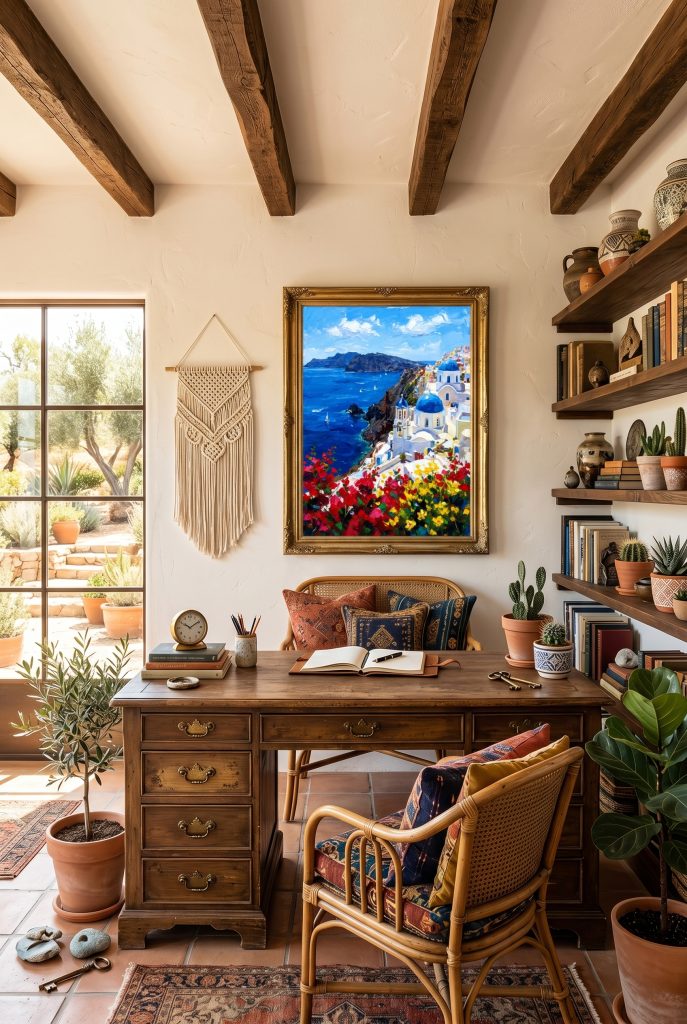Gold framed Santorini coastal painting styled above a vintage wooden desk in a rustic boho home office with macrame and cacti.