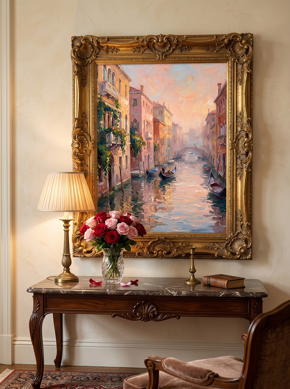 The "Venetian Dawn Reverie" painting displayed in a magnificent, ornate gold frame. Hung above a classic marble console table decorated with a vase of fresh roses, perfectly showcasing the artwork's luxurious and historic appeal.