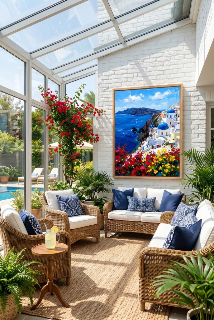 Colorful Mediterranean Santorini landscape canvas art hung on a white brick wall in a sunroom with woven rattan furniture and indoor plants.