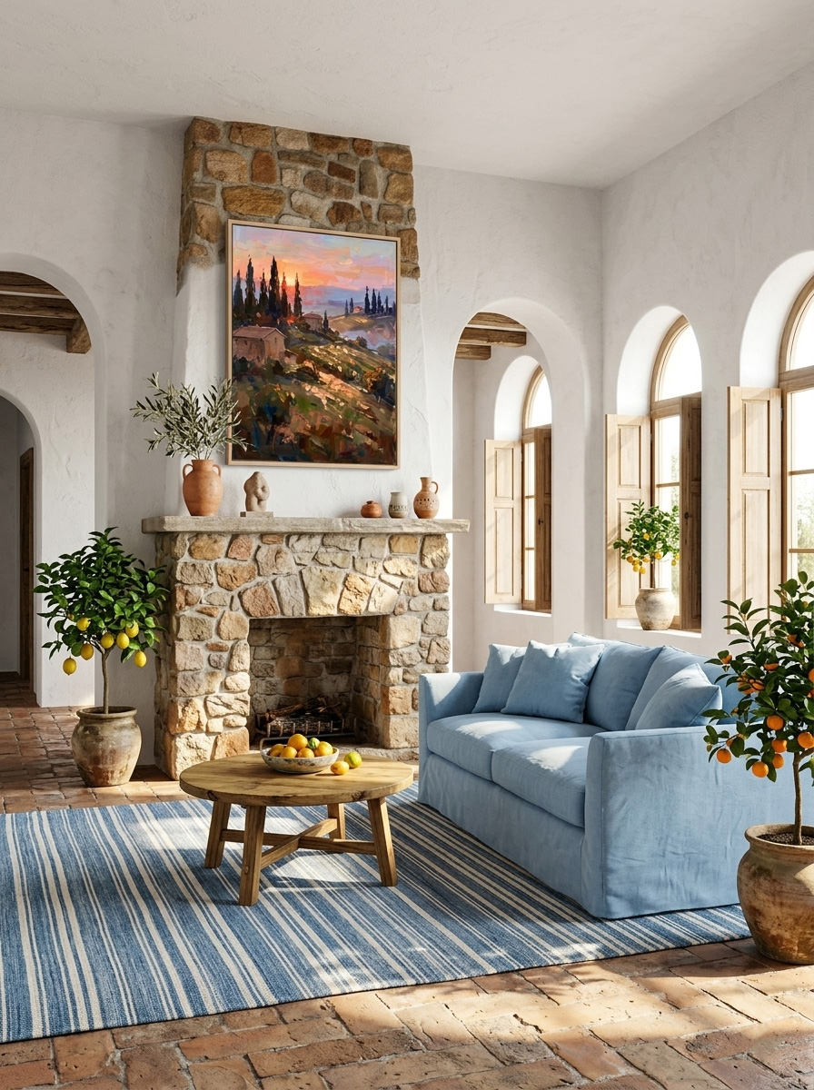 The "Tuscan Twilight" painting beautifully styled in a Mediterranean-inspired living room. Hung above a classic stone fireplace next to a light blue sofa, perfectly matching the rustic Italian aesthetic.
