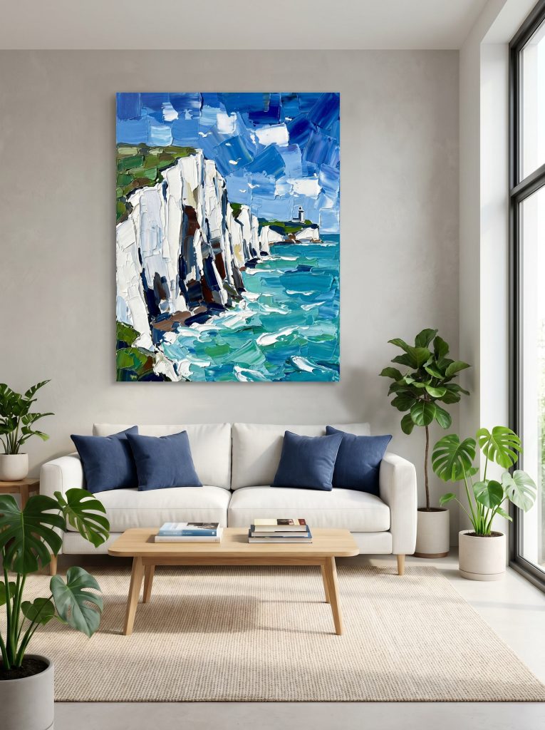 The "Azure Cliffside Beacon" coastal painting styled in a bright, modern living room. Hung above a crisp white sofa with navy blue pillows, adding a refreshing ocean breeze aesthetic to the clean space.
