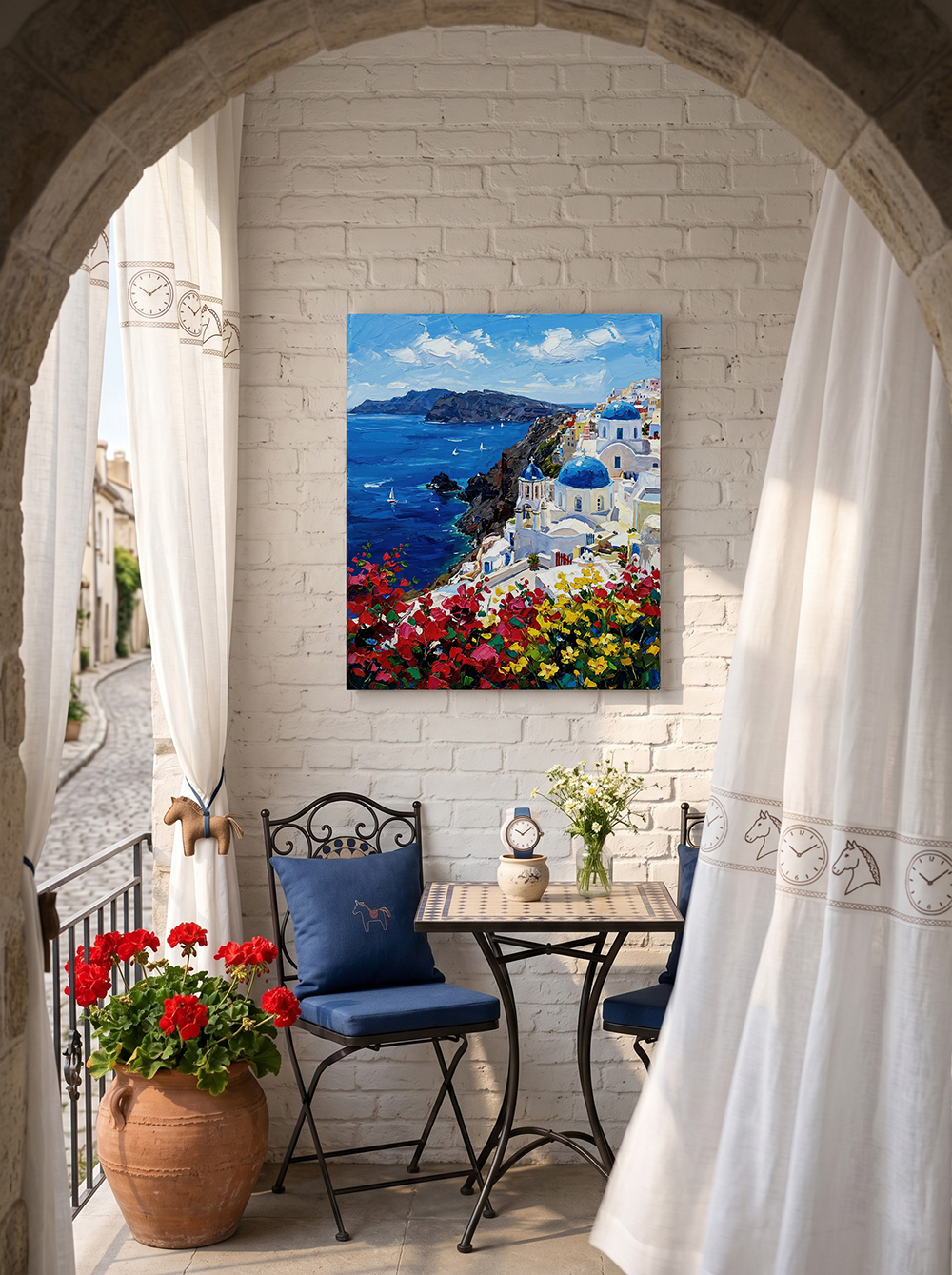 The "Aegean Rhapsody" Santorini landscape painting adding a pop of inspiring color to a modern home office. Hung above a minimalist desk, bringing a refreshing view of the Greek islands into the creative workspace.