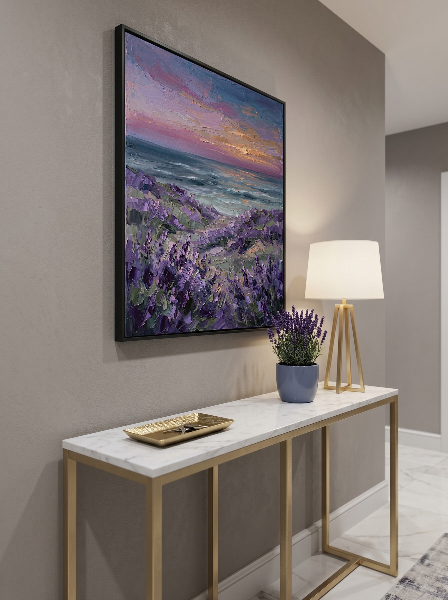 The elegant "Twilight Lavender Shores" painting displayed in a modern minimalist entryway. Hung in a black frame above a marble and gold console table, adding a serene pop of purple to the sophisticated space.
