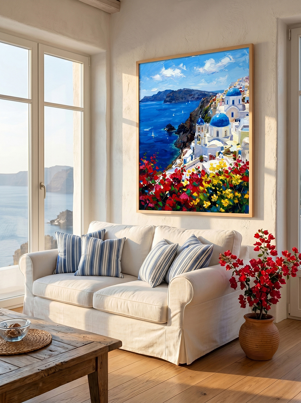The "Aegean Rhapsody" Santorini painting styled in a bright, minimalist coastal living room. Hung against a crisp white plaster wall above a modern light-colored sofa, perfectly enhancing the fresh Greek island aesthetic.
