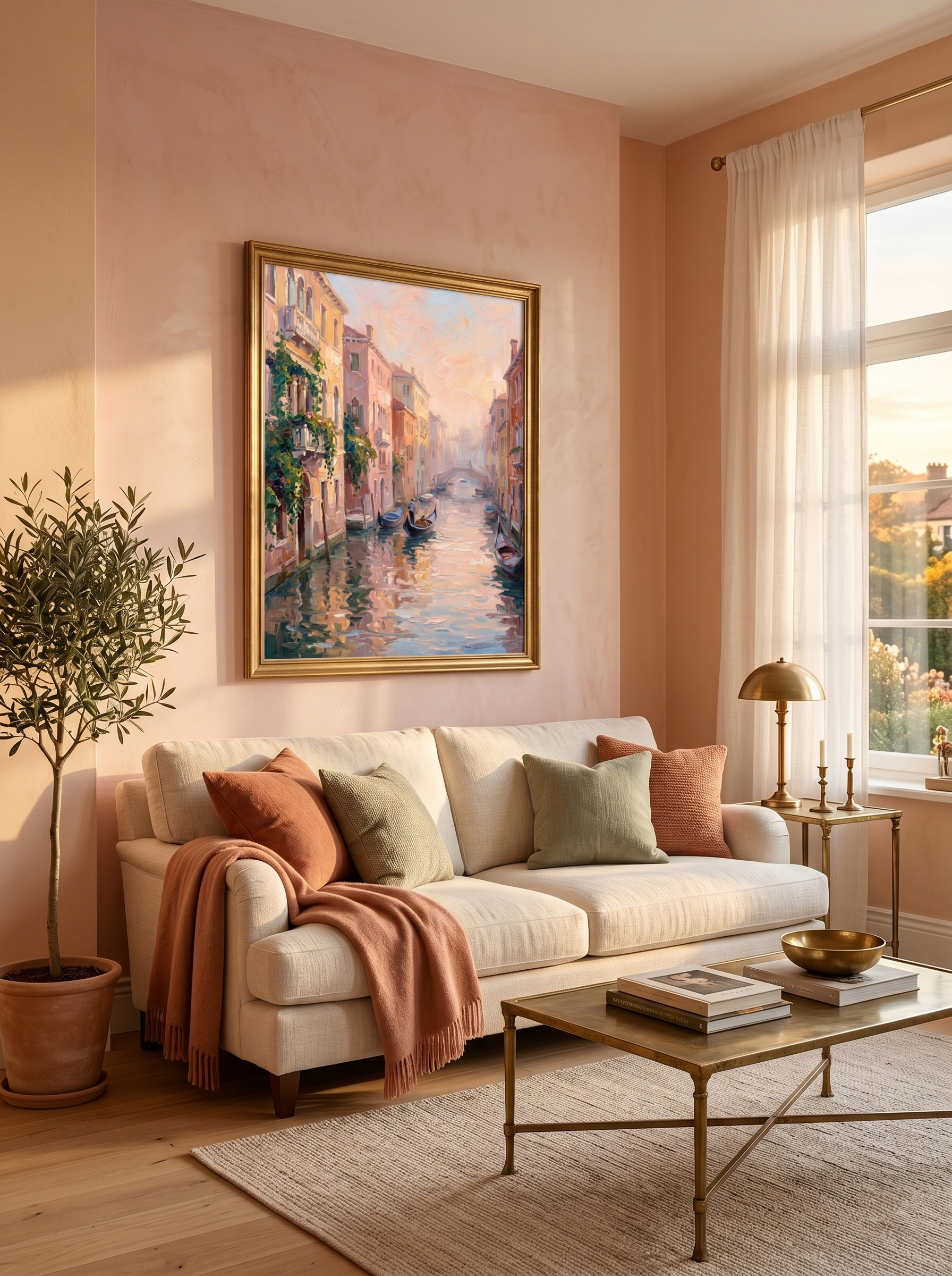 The "Venetian Dawn Reverie" romantic landscape painting styled in a warm, pastel-toned living room. Hung above a cream sofa with terracotta pillows, perfectly complementing the soft peach morning glow of the artwork.