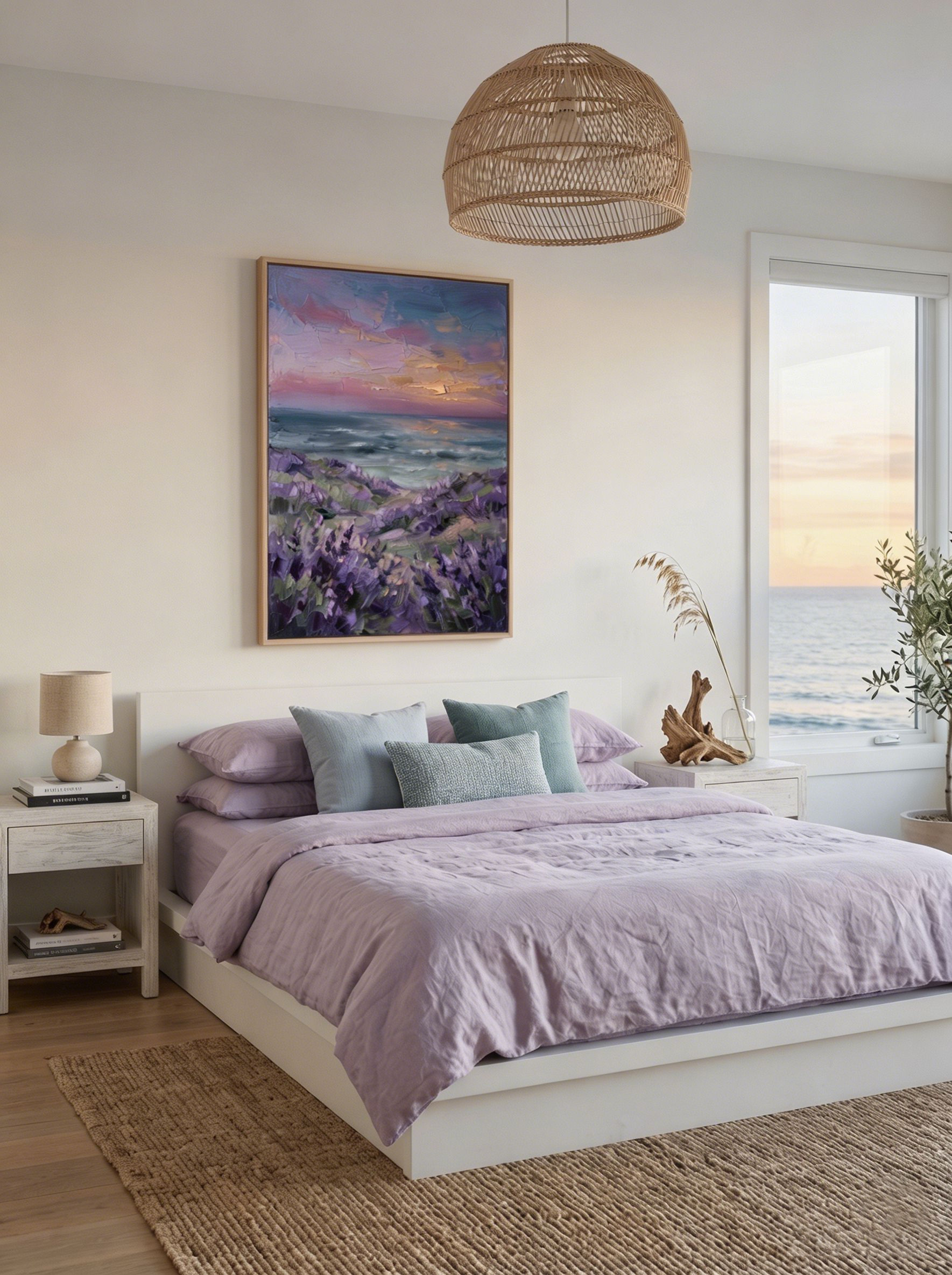 The "Twilight Lavender Shores" coastal painting featured in a relaxing bedroom. Positioned above a bed with matching light purple linens, perfectly complementing the stunning ocean view outside the window.